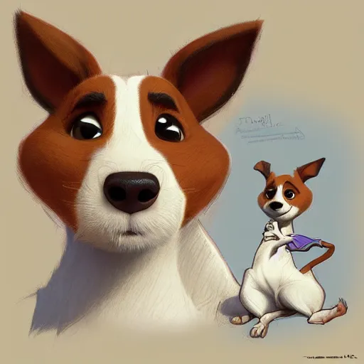 Prompt: jack russel terrier character shocked, pixar, disney, zootopia, up, concept art, sketch, trending on artstation, graphic novel, childrens illustrated storybook, by alphonse mucha and cory loftis and matthias lechner