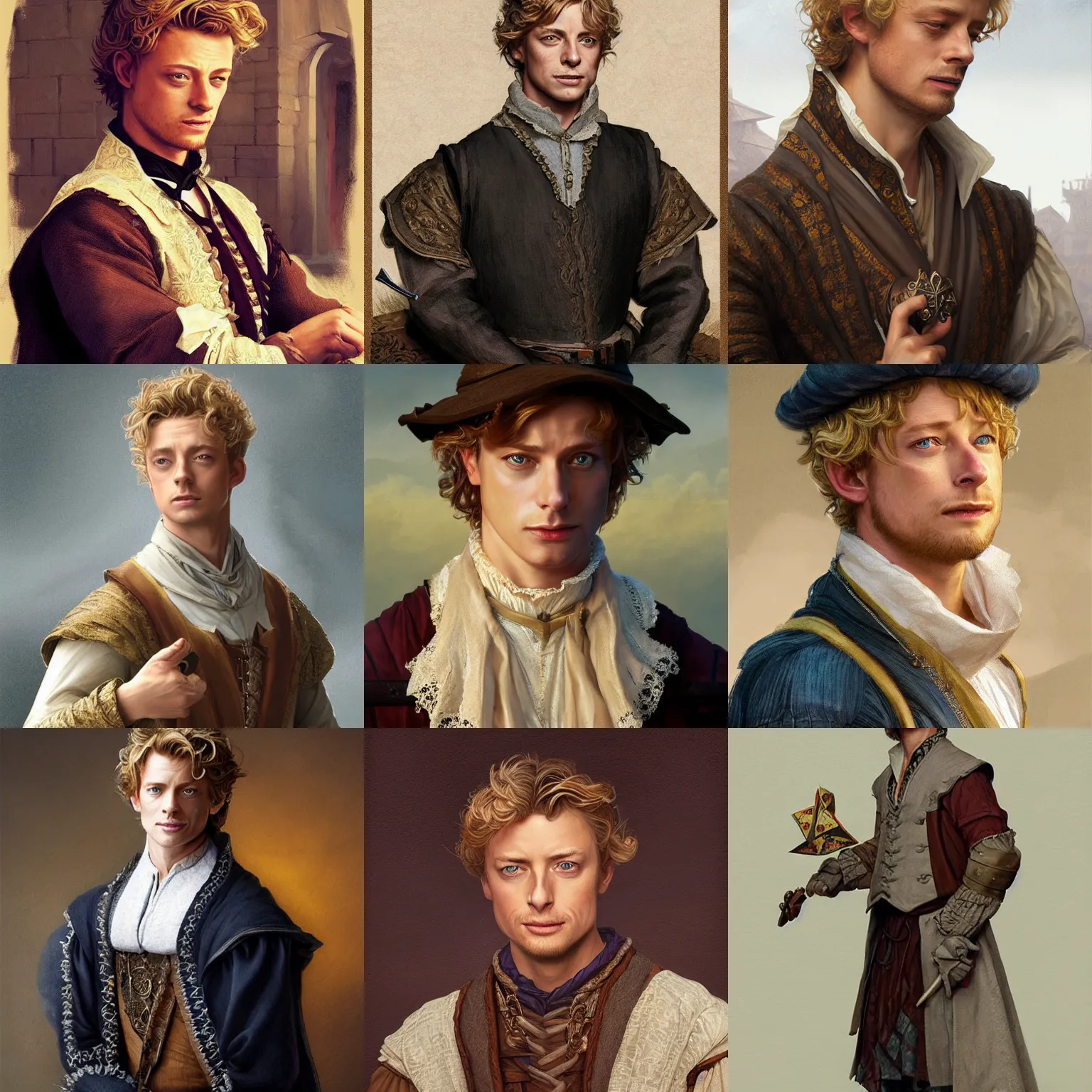 Prompt: a young man wearing 16th century clothes, blonde, young simon baker, D&D, fantasy, portrait, highly detailed, digital painting, artstation, concept art, sharp focus, illustration, art by artgerm and greg rutkowski and alphonse mucha