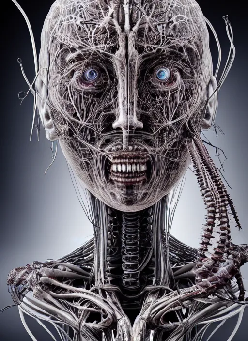 Image similar to portrait of neural nightmares by yoshitaka amano and HR Giger, detailed face face face face, facial structure, hd, 8k, very very very very electronic, biomechanical, biology, bio, neural machine, single subject, terror