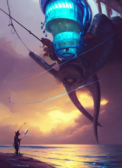 Image similar to portrait of a male jamaican fisherman sci - fi glowing fishing armor fishing rod cyberpunk muscular intricate elegant highly detailed digital painting artstation concept art, ocean background, reggae colors, cinematic, greg rutkowski, loish, rhads, ferdinand knab, makoto shinkai and lois van baarle, ilya kuvshinov, rossdraws, tom bagshaw