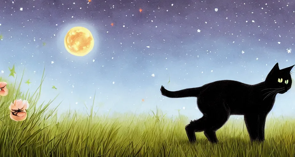 Image similar to black cat walking around in an open field at night with fireflies in the air and lots of stars in the sky, digital painting, highly detailed, magical, trending on artstation