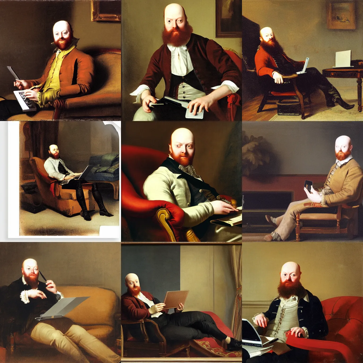 Prompt: playful portrait of angriestpat sitting on a couch, with a wireless computer heyboard in his lap by joseph ducreux