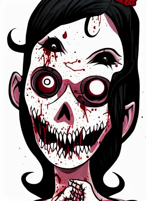 Prompt: zombie girl by matthieu cousin and wendy pini, pen and ink illustration, fine inking lines, flat colors, character design, concept art