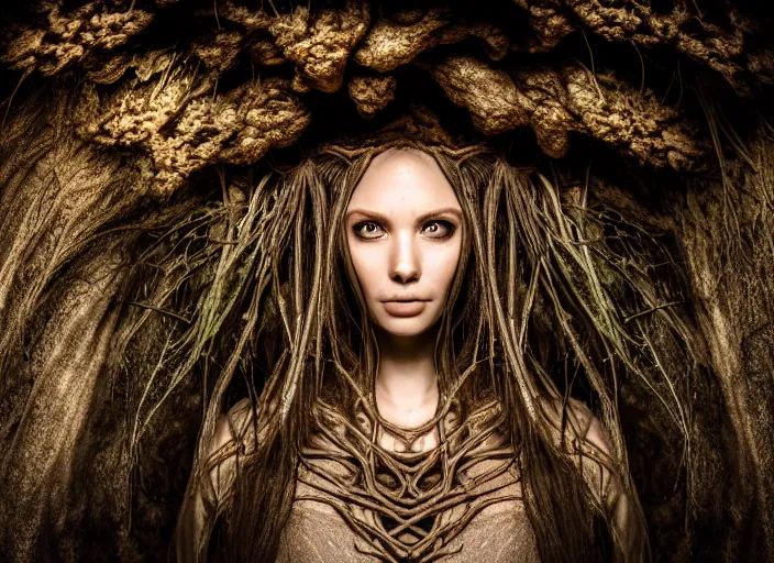 Image similar to portrait photo of roots growing down from a ceiling in an underground cavern wrapped around an elven woman. Fantasy magic horror style. Highly detailed 8k. Intricate. Nikon d850 55mm. Award winning photography.