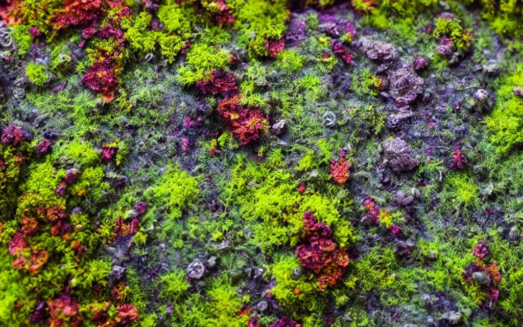 Prompt: a beautiful macro photography of green moss lichens floral with alien fungus, hyper detailed, Zoom extreme close up ,warm volumetric lights , made by Gerald Brom and Mike Winkelmann, trending on art station