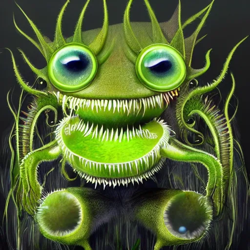 Image similar to cute anthropormorphic furry carniverous plants venus fly trap with large round eyes with long eyelashes and big teeth detailed painting 4 k