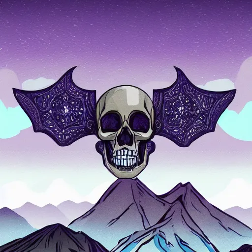 Prompt: a giant, stunning belt with a skull on it, huge mountain, purple sky, hyper - detailed digital painting