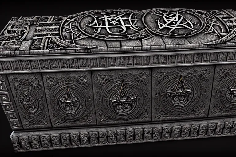 Image similar to an ancient ornate intricate old spell satanic coffin with the sigil symbol of evil emblazoned on the cover, cinematic, realistic, intricate detail, finely detailed, small details, extra detail, photorealistic, high resolution, 3 d, pbr, path tracing, volumetric lighting, octane render, arnold render, 8 k