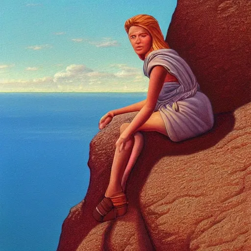 Image similar to a painting of a woman sitting on a cliff, a character portrait by barclay shaw, cg society, fantastic realism, official art, 1 9 9 0 s, academic art