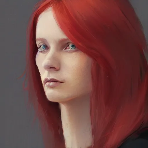 Image similar to Portrait of a woman by Greg Rutkowski, she is about 20 years old, redhead, long straight hair, beautiful oval face, wearing red and black utilitarian jumpsuit, older sister vibes, highly detailed portrait, digital painting, artstation, concept art, smooth, sharp foccus ilustration, Artstation HQ.