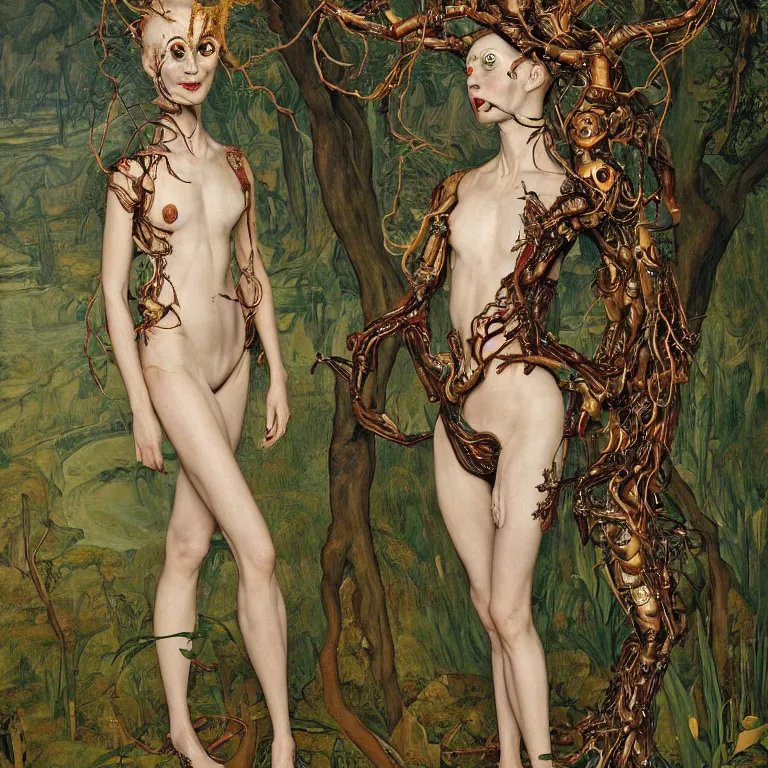 Image similar to a grinning dryad lady wearing a catsuit, who looks like a cybernetic alien stands pround in the middle of a river valley. around her are tropical birds and orchids and she is wearing an iris van herpen dress. painted by jan van eyck, egon schiele and max ernst, trending on artstation, 8 k, award winning, high octane