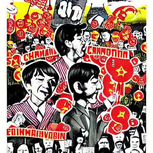 Prompt: a communist revolution in Candy Land, 1960s illustration, high quality, collage in the style of Klaus Voormann and Chinese Propaganda and the Beatles, album cover