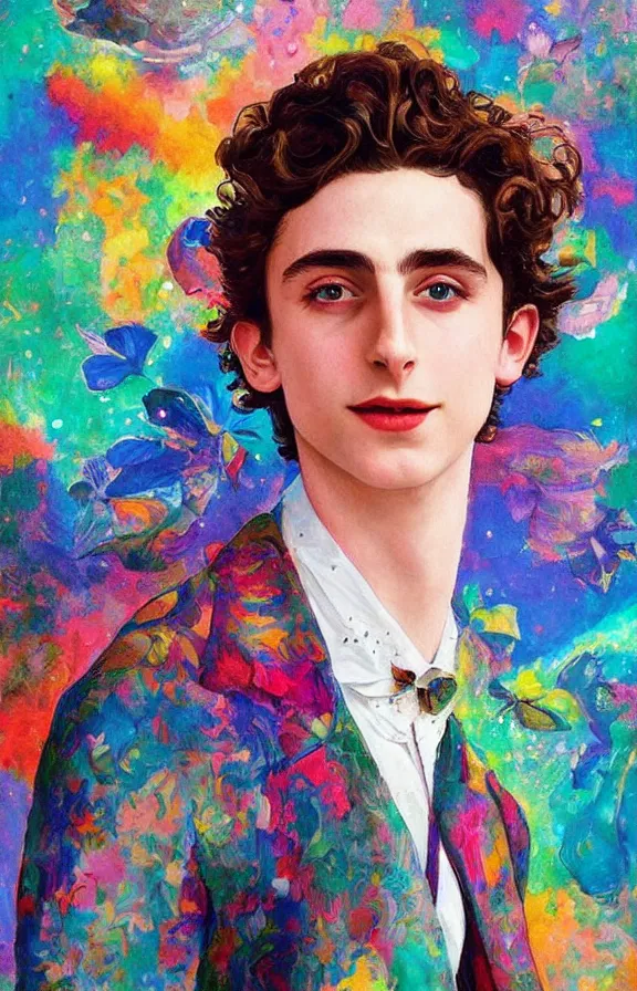 Prompt: ethereal Timothee Chalamet+stars+semi-realism painting: psychedelic+j.c. leyendecker+colorful+smiling+🦋🥳🌈+concept art
