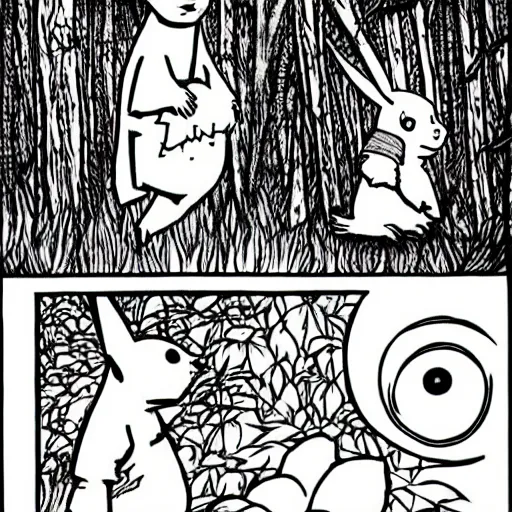 Image similar to Pikachu in a forest with his trainer by Junji Ito, scary, horror, eerie, ominous