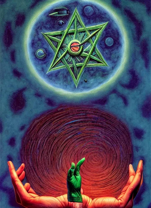 Image similar to antediluvian occult cosmology, panspermia, occult magic hand gestures, magick ritual hand signs, by joe jusko and remedios varo and daniel arsham and robert hooke, rule of thirds, vivid colours, negative space, atmospheric, digital painting, artstation, concept art, smooth, sharp focus