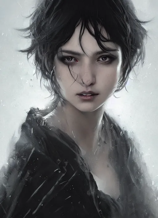 Prompt: a teenage girl with very short black hair and a huge cloak made of grey and black strips. mist swirls around her. beautiful highly detailed face. beautiful painting by artgerm and greg rutkowski and raymond swanland