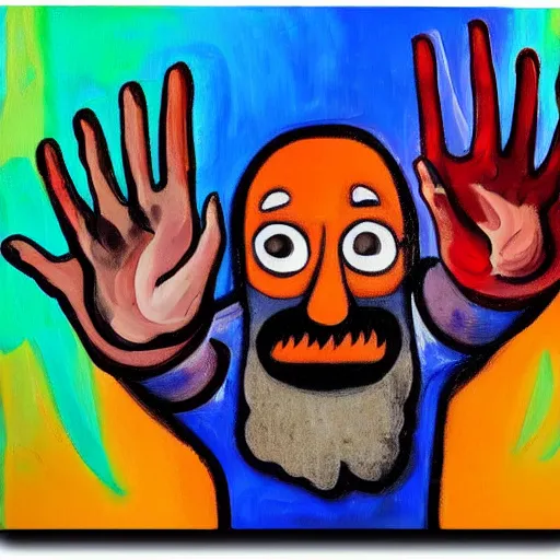 Image similar to colorful abstract painting of maniac bald man with brown beard stretching face with hands