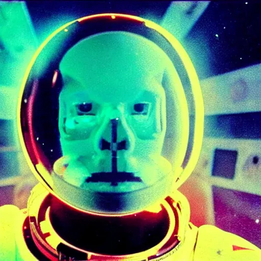 Image similar to astronaut with neon glowing skull, 1 9 6 0 s, color bleed, video compression, video glitch, monochrome, akira kurosawa, mamoru oshii, wes anderson, stanley kubrick