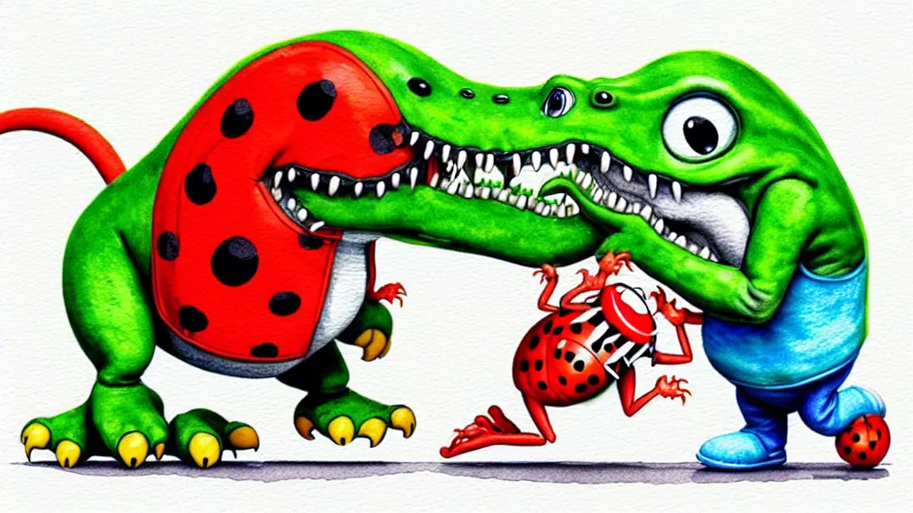 Image similar to cute and funny, t - rex wearing a t - shirt dancing with a ladybug of the same size, ratfink style by ed roth, centered award winning watercolor pen illustration, isometric illustration by chihiro iwasaki, edited by range murata, tiny details by artgerm and watercolor girl, symmetrically isometrically centered