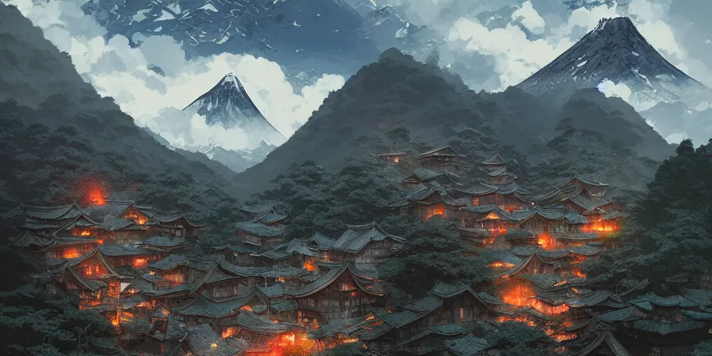 Prompt: a powerful japanese village high in mountains, rtx hdr fanart arstation 3 d, volcano, mystical power steam, concept art by greg rutkowski and laurie greasley, fantastic landscape, 8 k, cinematic color grading