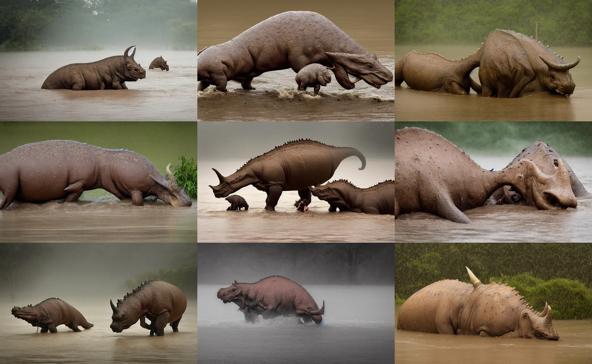 Image similar to nature photography of a rain soaked triceratops and her baby in flood waters, african savannah, rainfall, muddy embankment, fog, digital photograph, award winning, 5 0 mm, telephoto lens, national geographic, large eyes