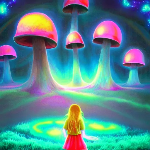 Image similar to Little girl wandering among many giant glowing mushroom clouds, Neon colors, psychedelic art, trippy, 4k, HQ, Trending on Artstation