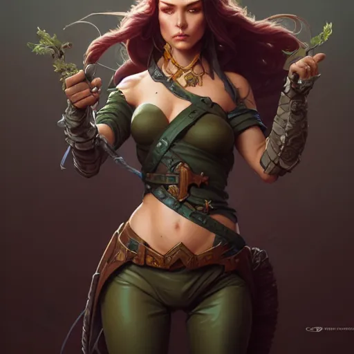 Image similar to rogue, female, wide angle, forest, D&D, fantasy, intricate, elegant, highly detailed, digital painting, artstation, octane render, concept art, matte, sharp focus, illustration, hearthstone, art by Artgerm and Greg Rutkowski and Alphonse Mucha