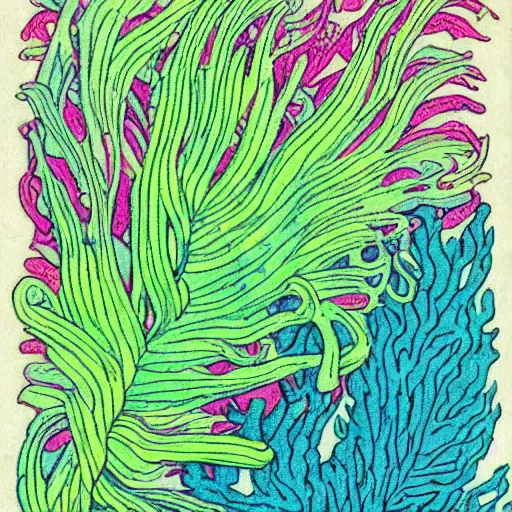 Prompt: vintage colored detailed illustration of random seaweed, neon colors