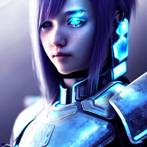 Image similar to An hyperrealistic portrait painting of a cyber warrrior girl, blue and ice silver color armor, ultradetailed face expression by WLOP and Nixeu, cyberpunk color feel raining at tokyo midnight rooftop, unreal 5, DAZ, 8k, hyperrealistic, octane render, cosplay, RPG portrait, final fantasy artwork concept, dramatic lighting, rim lights, PS5 render quality