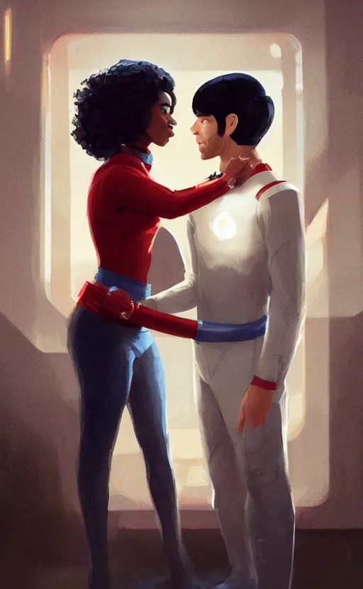 Prompt: Celia Rose Gooding as Uhura and Ethan Peck as Spock caught about to kiss, surprise, cute, innocent, soft lighting, standing in a starbase bar, In style of wojtek fus, by Makoto Shinkai, concept art, highly detailed