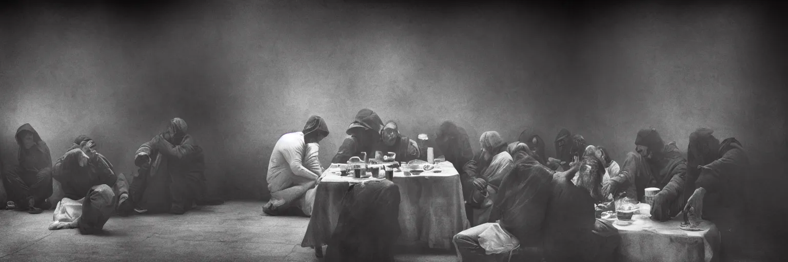 Image similar to Award Winning Editorial 84° wide-angle picture of a Tramps in a Soup Kitchen by David Bailey and Lee Jeffries, called 'The Last Supper', 85mm ND 5, perfect lighting, gelatin silver process