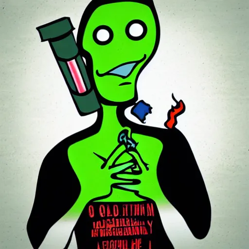 Image similar to Green alien dressed as a trucker smoking a cigarette