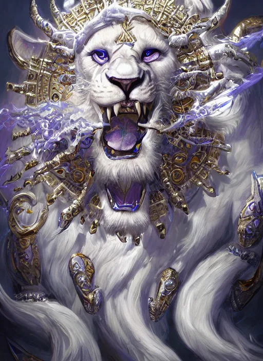 Prompt: anthropomorphized white lion wizard casting magic bright light spell, tzeentch, smiling, casting spell, concept art, insanely detailed and intricate, hypermaximalist, elegant, ornate, hyper realistic, super detailed, art deco, cinematic, trending on artstation, magic the gathering artwork