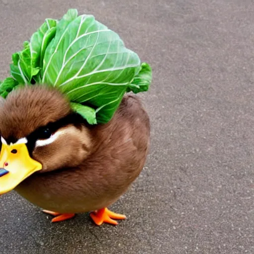 Image similar to a duck dressed as cabbage