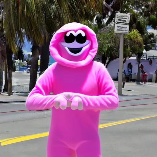 Prompt: Jerma as Pink Guy, dressed as Pink Guy, in a Pink Guy Costume, on the streets, sun shining, fish lens, nostalgic, realistic, 4k resolution, detailed face, 4k, 8k, 8k resolution, 8k resolution face, hyperrealistic, cool, on the boardwalk of a beach in L.A, mid 2000s, at night, nighttime, dark