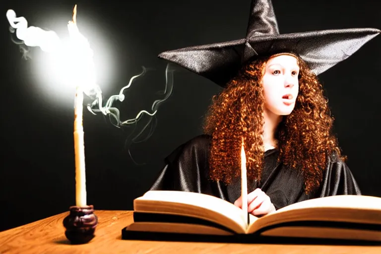 Image similar to extreme close up portrait, dramatic lighting, teen witch calmly pointing a magic wand casting a spell over a large open book on a table with, curly hair, cat on the table in front of her, sage smoke, a witch hat cloak, apothecary shelves in the background 2 0 0 0's photo, ultra sharp, 8 k