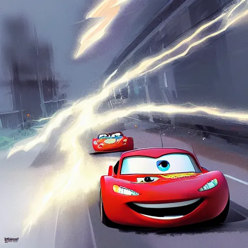 Prompt: lightning mcqueen crashing by greg rutkowski