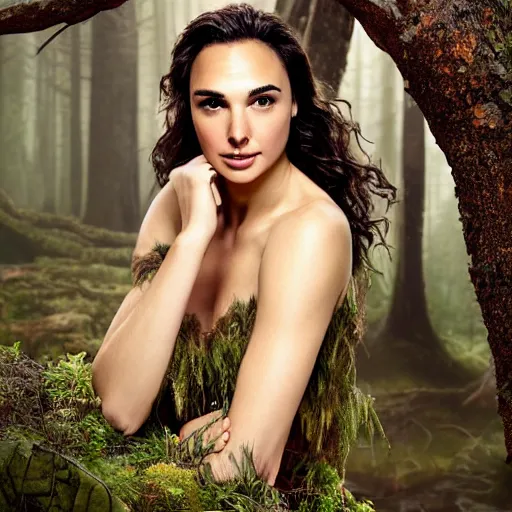 Image similar to Portrait of the beautiful woman Gal Gadot as a dryad, she has those characteristic sparkling green eyes, she is looking straight to the camera, she has a glow coming from her, she is getting illuminated for rays of light, behind her is an ancient forest full of life, the photo was taking by Annie Leibovitz, Ellie Victoria Gale and Steve McCurry, matte painting, oil painting, naturalism, 4k, 8k