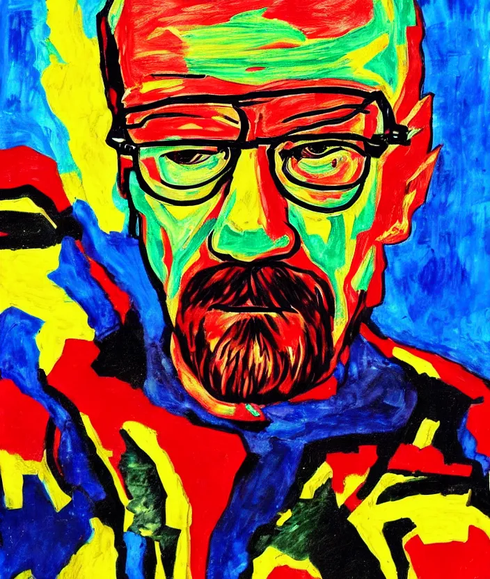 Prompt: expressionist painting of walter white on a motorbike, dynamic perspective, expressionist, colorful, clean