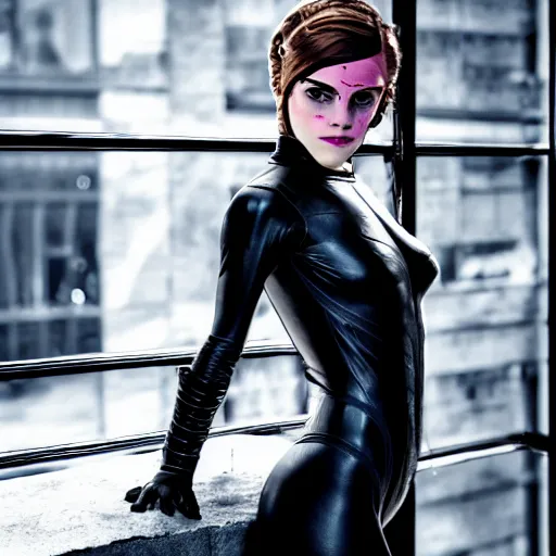 Image similar to Emma Watson as Catwoman, XF IQ4, 100MP, 50mm, f/1.4, ISO 200, 1/160s, natural light, Adobe Lightroom, photolab, Affinity Photo, PhotoDirector 365