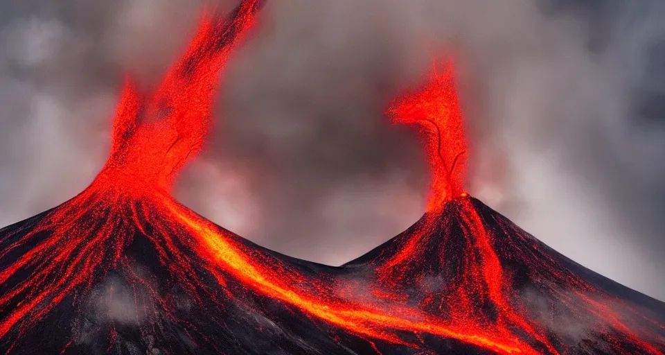 Image similar to a volcano made of ivory vines and crimson rocks enters in eruption, it spits a smoke in the shape of demonic eye, by 500px