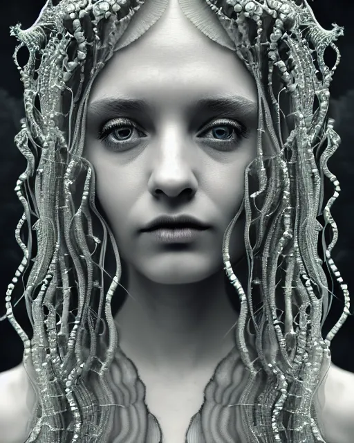 Image similar to surreal mythical dreamy underwater artistic black and white 3 d render of a translucent beautiful young female angelic - medusa - vegetal - doll with fish scales all over her face, highly detailed, intricate crystal ivy jelly ornate, poetic, translucent algae ornate, digital art, octane render, 8 k artistic photography, photo - realistic, hg giger flora borsi