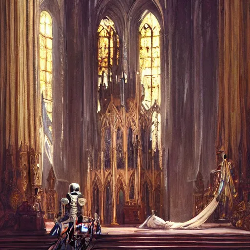 Prompt: Human skeleton, majesty in noble clothes, king resting on a throne inside a cathedral, oil painting, by Fernanda Suarez and Greg Rutkowski