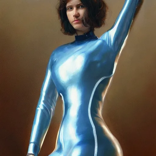 Image similar to a painting of a female wearing a skintight suit. by edward robert hughes and craig davison. trending on artstation, highly detailed, volumetric lightning