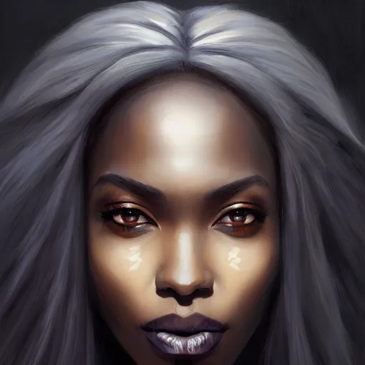 Prompt: a detailed matte oil on canvas head on symmetrical portrait of black skinned woman with long white hair, clothed by charlie bowater, lise deharme, wlop, trending on artstationhd, dungeons and dragons art critical role