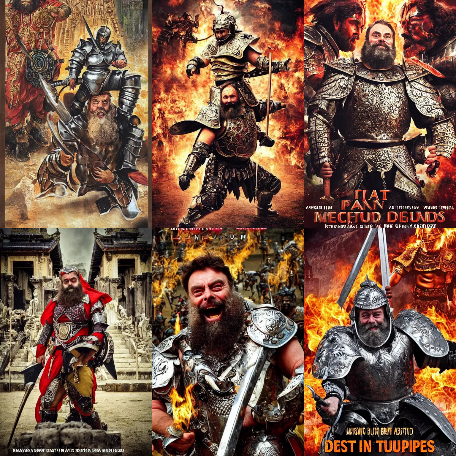 Prompt: brian blessed in armour outside a temple. fighting demons. bollywood action movie poster.