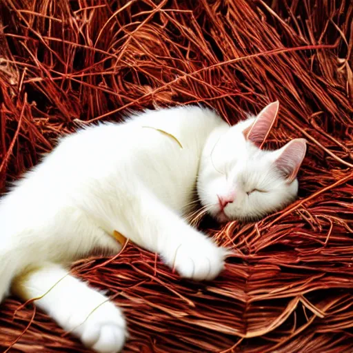 Image similar to a superhero white cat sleeping on bed of pine needles, anime