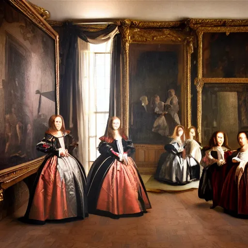 Image similar to oil canva family portrait in the main room of the castle painted in 1 6 5 6, dark room, one point of light coming through the window inspired by las meninas, spaces between subjects, detailed and realistic faces for each person in the canva, inspired by diego velasquez better quiality