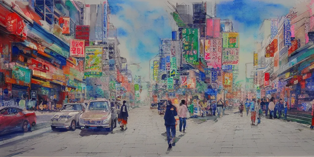 Prompt: streets of hongdae, hangeul, photorealism, spring, wide shot, water color painting, blurry, brush strokes by Lim Eung-Sik