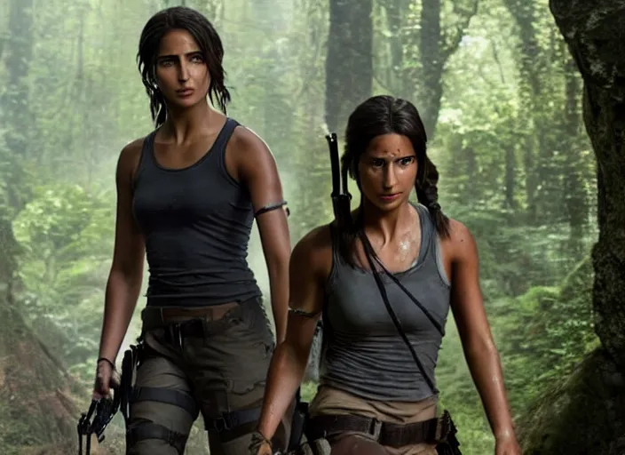 Image similar to film still of!!!! naomi scott!!! as lara croft in new tomb raider movie, 8 k